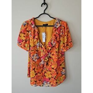 J Crew Blouse Small Colorful Deep V Maximalist Boho Cottage Ruffle Sunset Floral